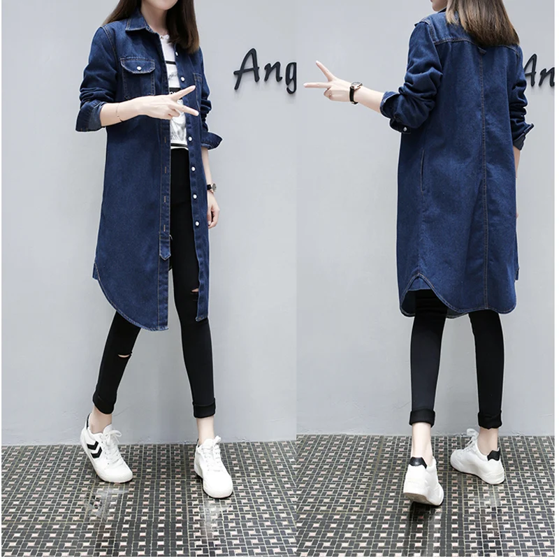 

Women Spring Autumn Denim Jacket Fashion Windbreak Mid-length Long Sleeve Outwear Chaqueta Mujer Plus Size Coats And Jackets