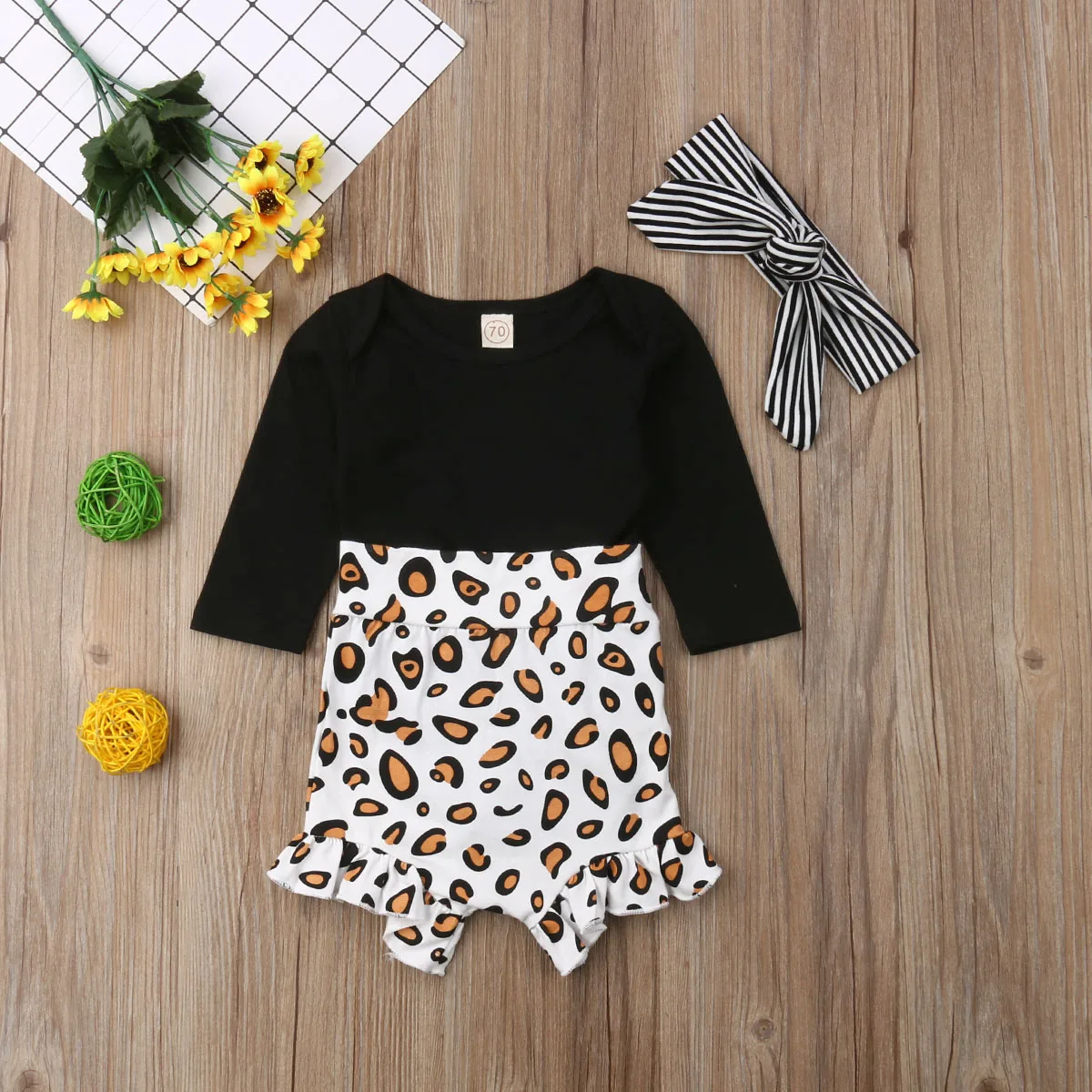Комплект из 3 предметов для новорожденных девочек; одежда с леопардовым принтом; комбинезон; штаны; повязка на голову