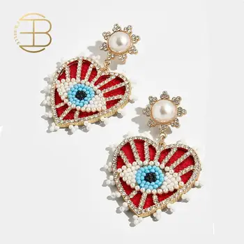 

2020 New Design Bohemian Handmade Beads Pearl Fulll Rhinestone Eye Pattern Heart Shape Drop Earrings For Women Party Jewelry
