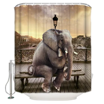 

Funny Elephant Thinking Elephant Sitting Elephant In The Street Street Shower Curtain Decor with Hooks Waterproof