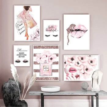 

Pink Flower Perfume Fashion Poster Eyelash Lips Makeup Print Wall Picture Home Decoration Retro Poster Kraft paper poster