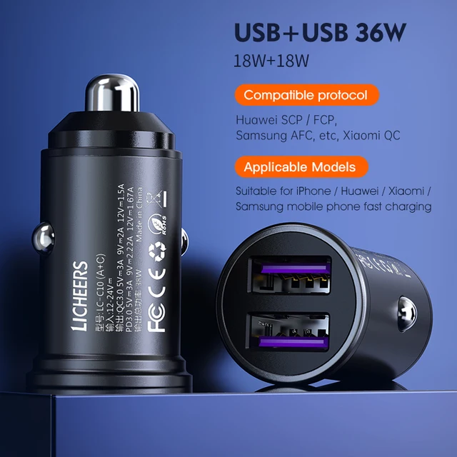 Licheers Car Charger USB 5A Phone Fast Charging 2 Port 12-24V Cigarette Socket Lighter for iPhone Xiaomi Huawei Power Adapter 36W Dual USB Charger