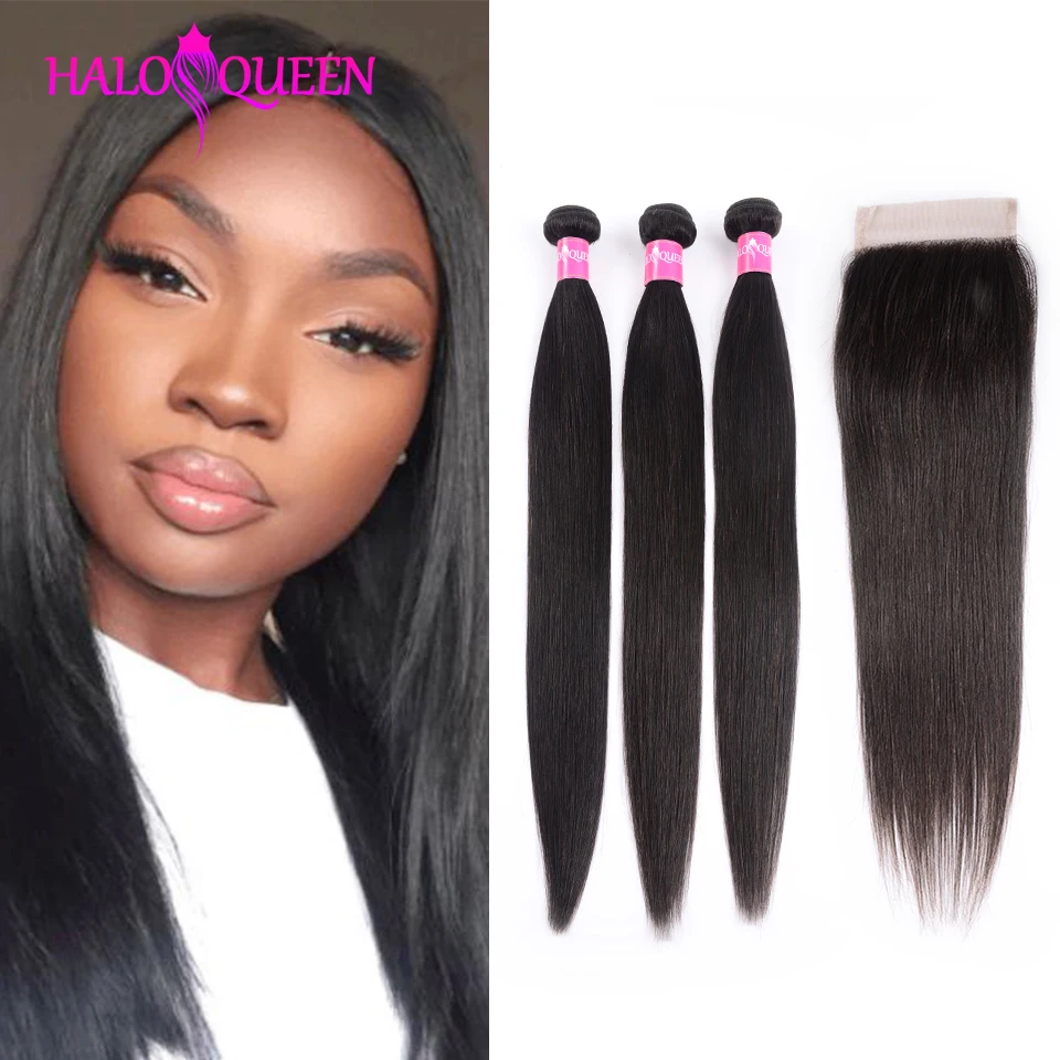 HALOQUEEN Straight Hair With Closure Brazilian Hair Weave Bundles With 3/4 pcs Weft and Closure Hair Extension