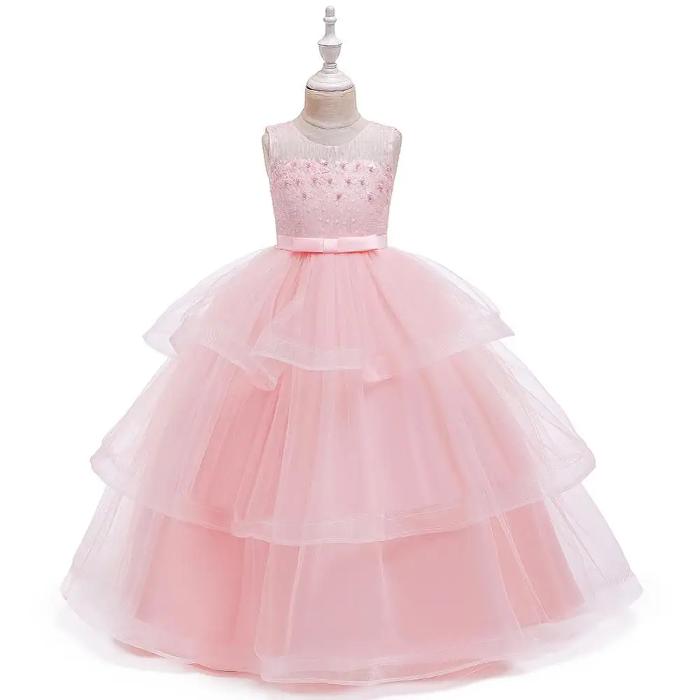 4-14 year old girl new year party evening dress children sweet fluffy wedding dress lace bead kids girls catwalk clothes - Цвет: Pink