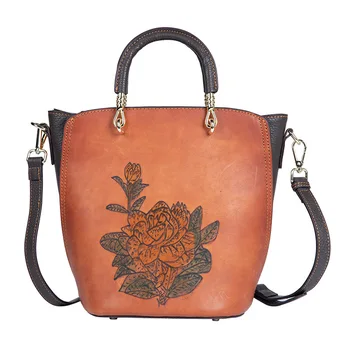 

2020 new handbag female retro national style leather handbag one shoulder portable messenger bag first layer cowhide bucket bag