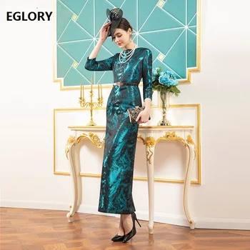

3XL Long Dress 2020 Spring Party Evening Women Vintage Jacquard Print 3/4 Sleeve Ankle Length Blue Dress Vestidos Longo Festa