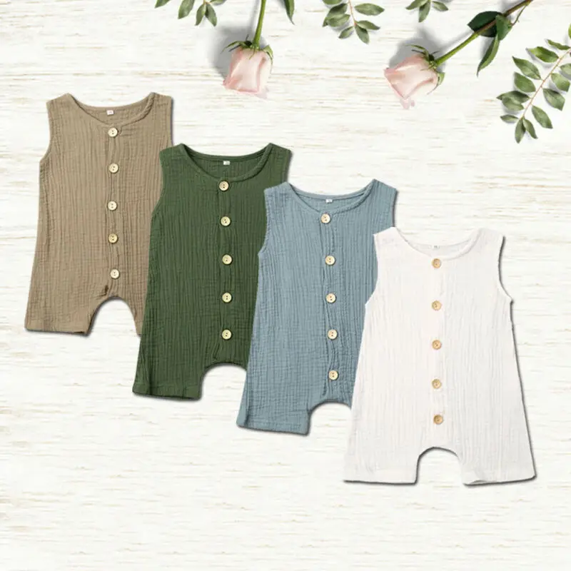 

2020 Brand New Newborn Toddler Boys Baby Girls Clothes Button Romper Jumpsuit Cotton Linen Sunsuit 0-24M