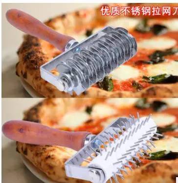 

Top Stainless Steel Wheel Pizza Bread Needle Punchers Roller Pie Pastry Dough Pitter Durable Wooden Handle
