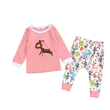 Осенняя футболка для маленьких девочек розовый топ длинные штаны комплект одежды из 2 предметов, Рождественская одежда