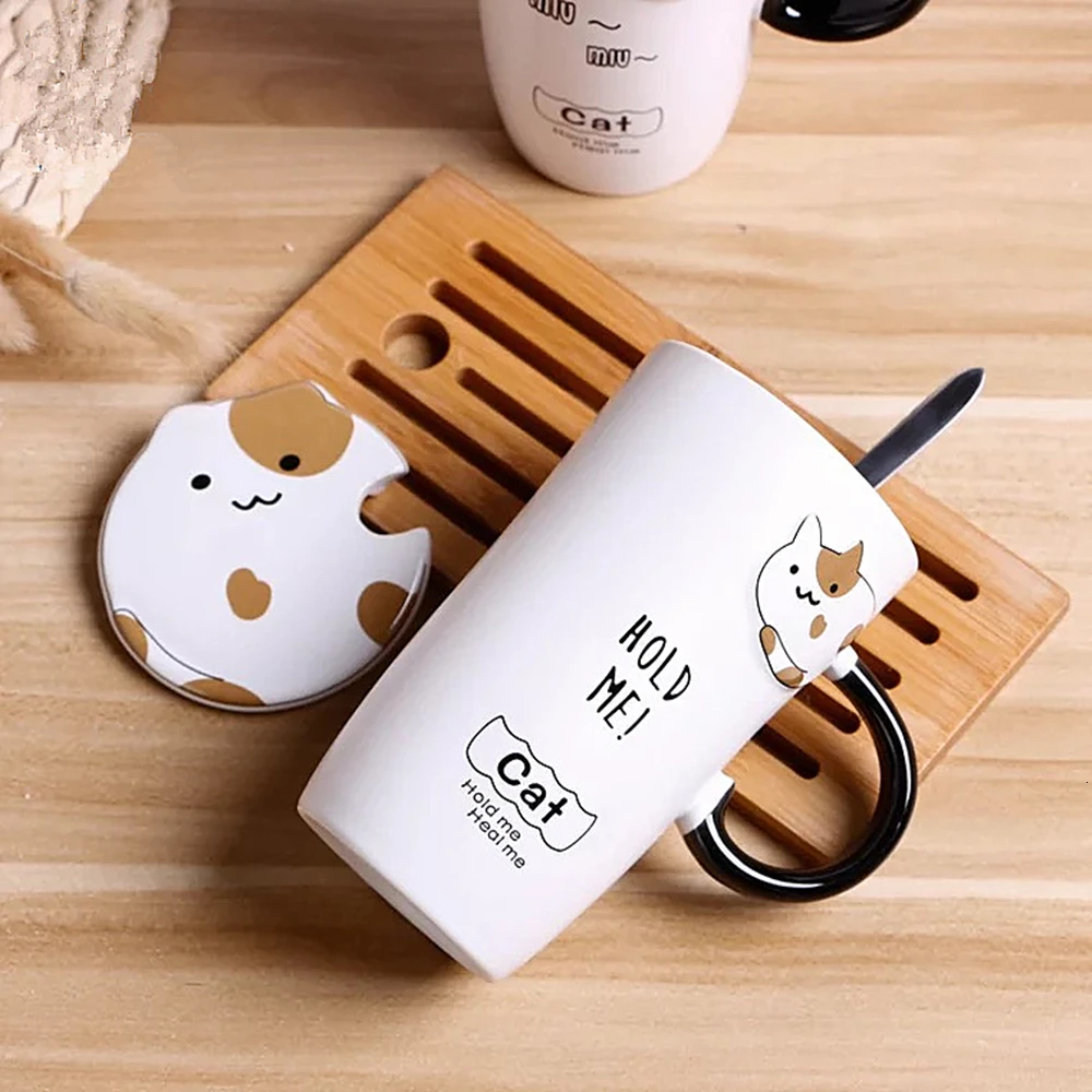 Cute Cat Ceramics Coffee Mug With Lid Large Capacity Animal Mugs creative Drinkware Coffee Tea Cups Novelty Gifts milk cup (3)