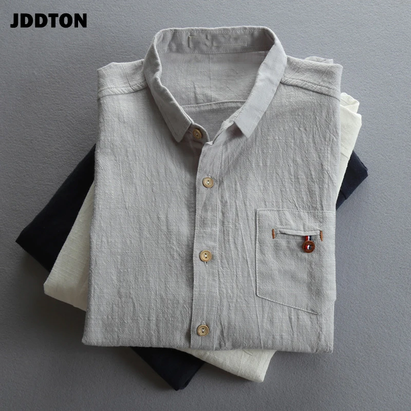 JDDTON, nuevas camisas de algodón y lino para hombres, camisas de manga larga informales suaves y transpirables de estilo chino, camisas sueltas de colores sólidos para hombres JE521