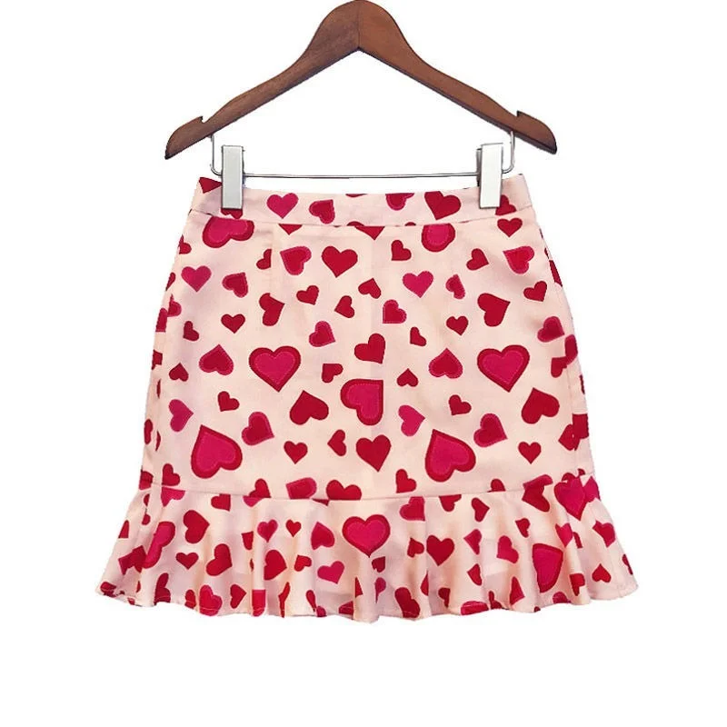 

Red Heart Printed Ruffled Skirts Women Harajuku Summer Sexy Fishtail Skirt Female High Waist Oversize Hip Hop Ladies Mini Dress