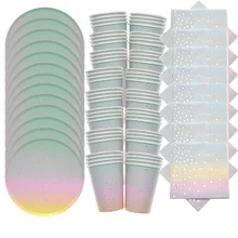 Juego de vajilla desechable con degradado de arcoíris para fiesta, suministros de fiesta de cumpleaños con lunares dorados, platos, servilletas y vasos, 64 Uds.