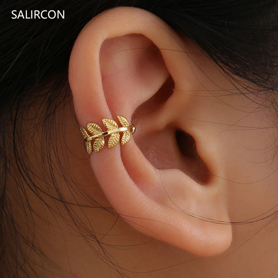 

Salircon High QualIty C Shaped Small Leaves Ear Clip Earring For Women Gold Color Ear Cuff Clip Without Piercing Fashion Jewelry