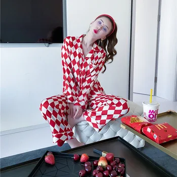 

Foply Women 2 Pieces Pajamas Sets Plaid Cute Emulation Silk Printed Women Sleepwear Sets Spring Summer Long Sleeve Homewear