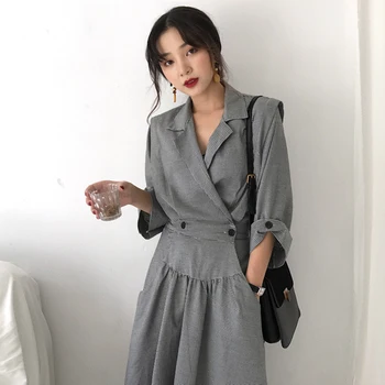 

TVVOVVIN 2020 New Fashion Spring Vintage Full Sleeve Single Brested Turn-down Collar Plaid Women Irregular Dress FS114