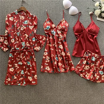 

Print 4 Pieces Women Pajamas Sets Satin Sleepwear Silk Nightwear Pyjama Spaghetti Strap Sleep Lounge Pijama with Chest Pads