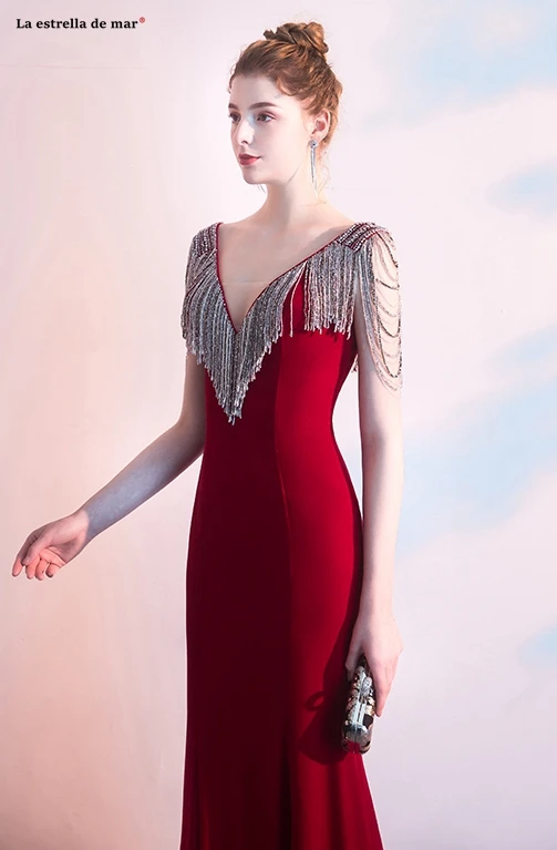 Vestido fiesta largo de noche2019 Новое атласное платье с v-образным вырезом, украшенное кристаллами и кисточками, бордовое сексуальное дубайское вечернее платье с русалочкой, большие размеры, платье для выпускного вечера