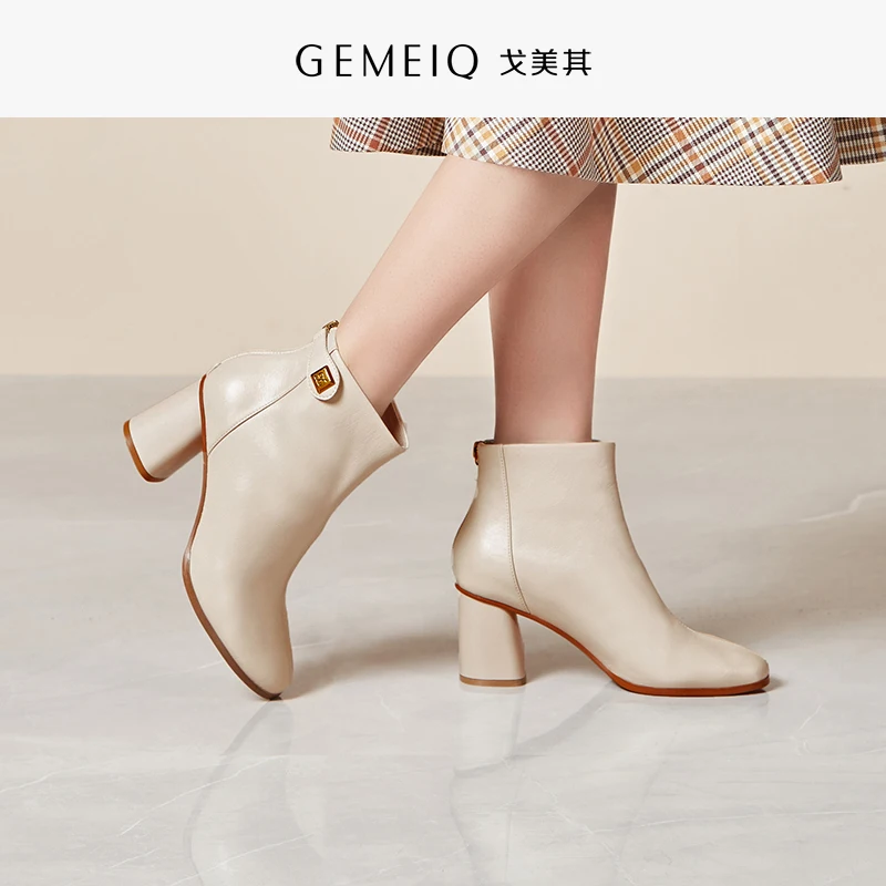 

GEMEIQ Women's Boots Full Grain Leather Round Boots Winter New Product Zipper Black with Elegant Fashion Boots