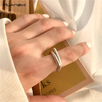 

HUANZHI 2020 New Punk Simple Double Layer Arc Bending Silver Plated Metal Irregular Finger Ring for Women Gifts Party Jewelry