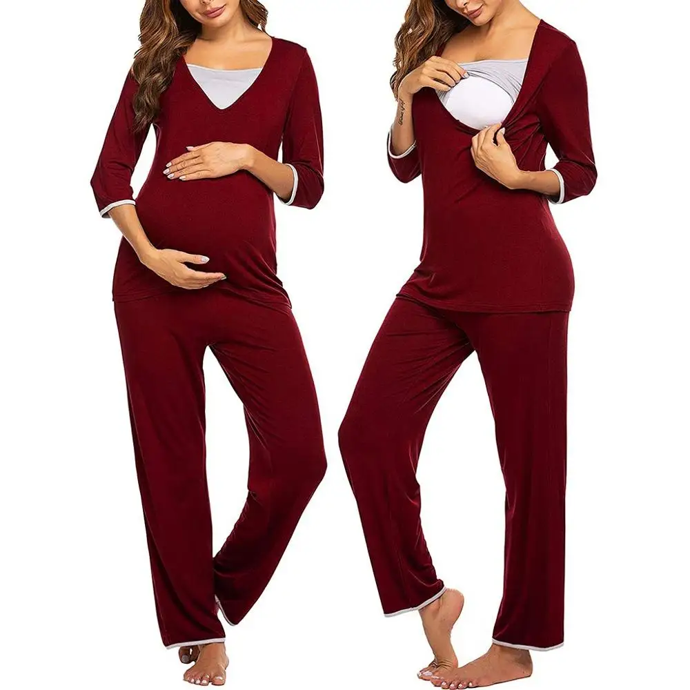 2 шт.; одежда для беременных; мягкая женская футболка с длинными рукавами для кормящих детей; топы+ брюки; пижамный комплект; костюм для беременных