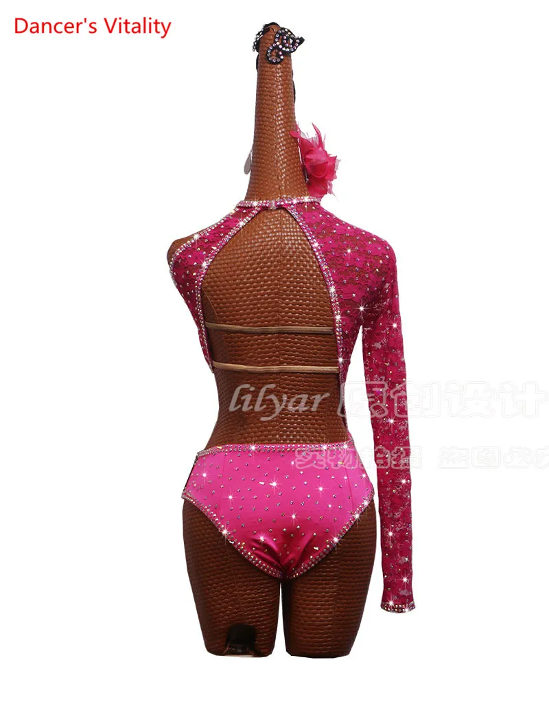 Латинские танцевальные костюмы для выступления Розовый Высокий разрез Асимметричная танцевальная юбка Восточное танцевальное соревновательное платье
