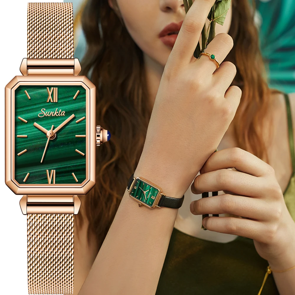 SUNKTA Watch Ladies Ultra-thin Women Watches Top Brand Luxury Fashion Rectangular Small Green Watch Waterproof Quartz Wristwatch