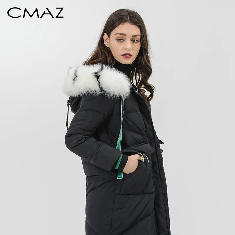 

CMAZ winter long zipper down coat fashion causal Straight with Fur collar long black down jacket MP19D8862