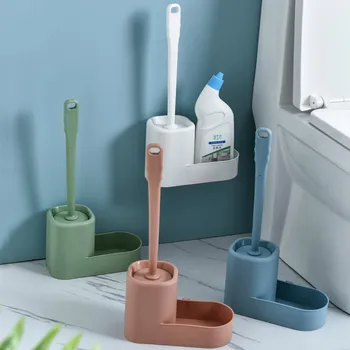 

Soft Bristle SiliconeToilet Brush Wall Mounted Bathroom Lengthen Handle Brush Holder Set Durable Clean Tool