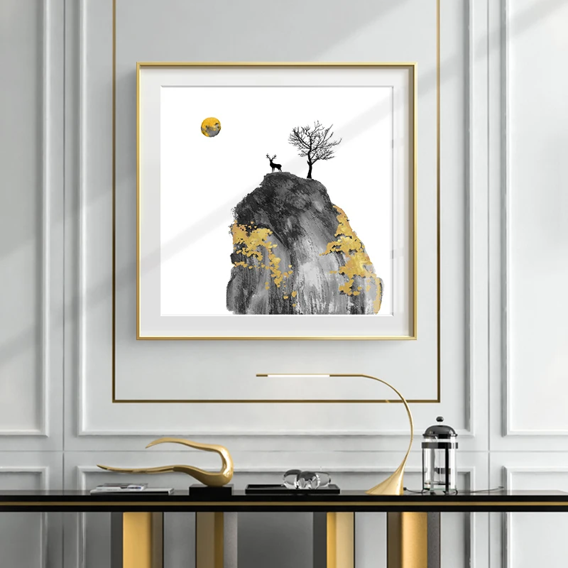 

Minimalist Black White Landscape Picture Abstract Ink Canvas Poster Print Nordic Living Room Decoration Gold Painting Wall Decor