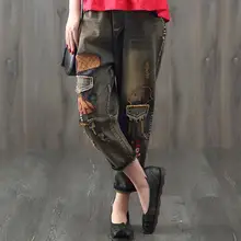 Винтаж царапаются патч мультфильм джинсы для женщин с эластичной талией свободное до щиколотки штаны-шаровары