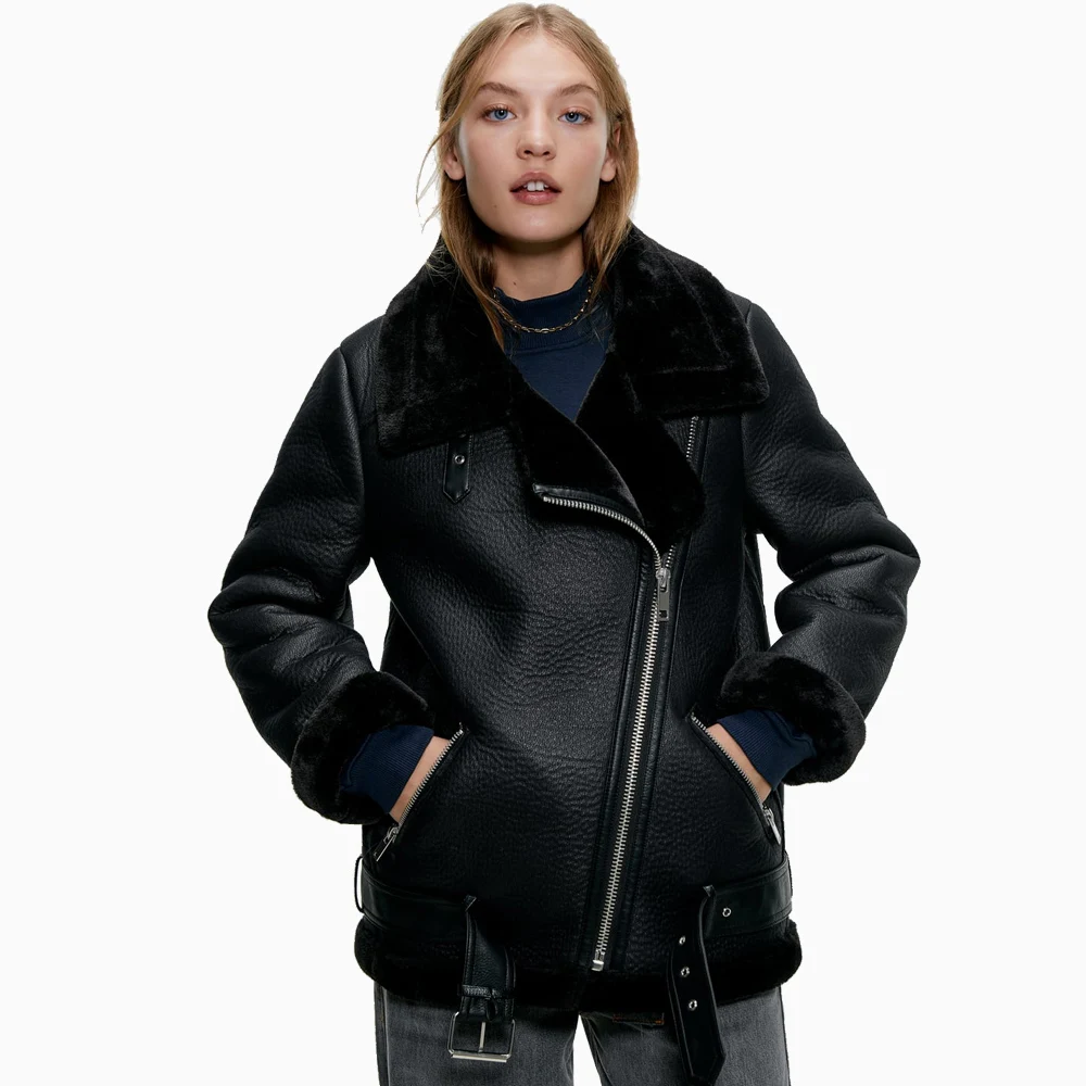 ZA Женская свободная Двусторонняя куртка, зимнее теплое длинное пальто с отворотом и длинными рукавами, меховое пальто, женская куртка