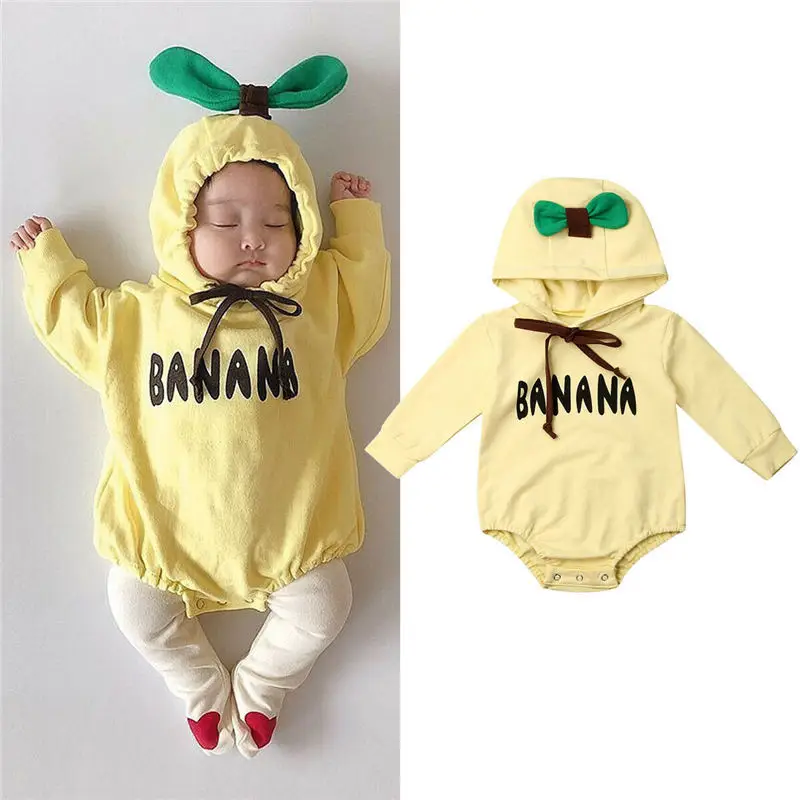 

0-2T Baby Girls Boys Bodysuit Infant Banana Clothes Toddler Kids Hooded Long Sleeve Jumpsuit Bodysuit Toddler Autumn Outfit