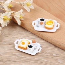 

2022 Dollhouse Miniature Breakfast Set Hamburger Croissant Toast Egg Coffee with Tray Kitchen Food Accessories