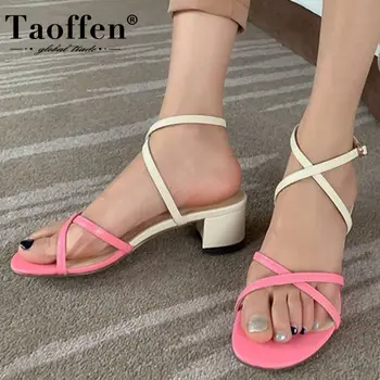 

Taoffen 2020 Women Real Leather Sandals Sweet Mixed Color Shoes Women Buckle Low Heel Summer Female Footwear Size 34-39