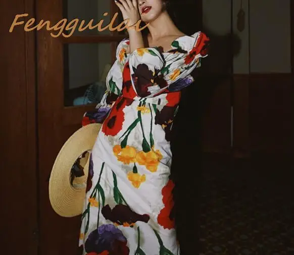 

Autumn Square Neck Vintage Elegant Backless Party Club Long Dress Long-sleeved Ruched Bodycon Flower Print Sexy Slim Dress Women