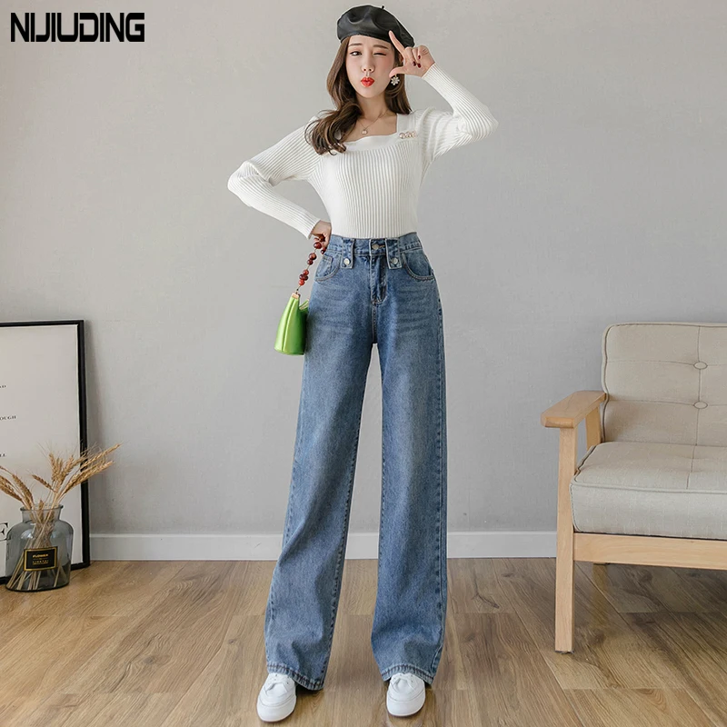 

NIJIUDING Fall 2020 Latest Fashion Wild Retro High Waist Drape Straight Jeans Female Students Wide Leg Loose Mopping Pants Women