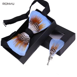 New Bow Tie Feather Bow Exquisite Handmade Men's Bow Tie With Brooch Pin Set Box Packing Men Gift Wedding Party Bow Tie LD07