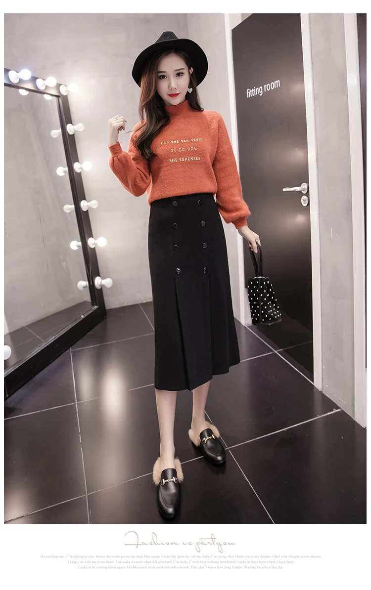 High Waist Stretch Knitted Skirt Women Elegant Double breasted Straight Long Skirts Female Autumn Winter Vintage Pleated Skirt