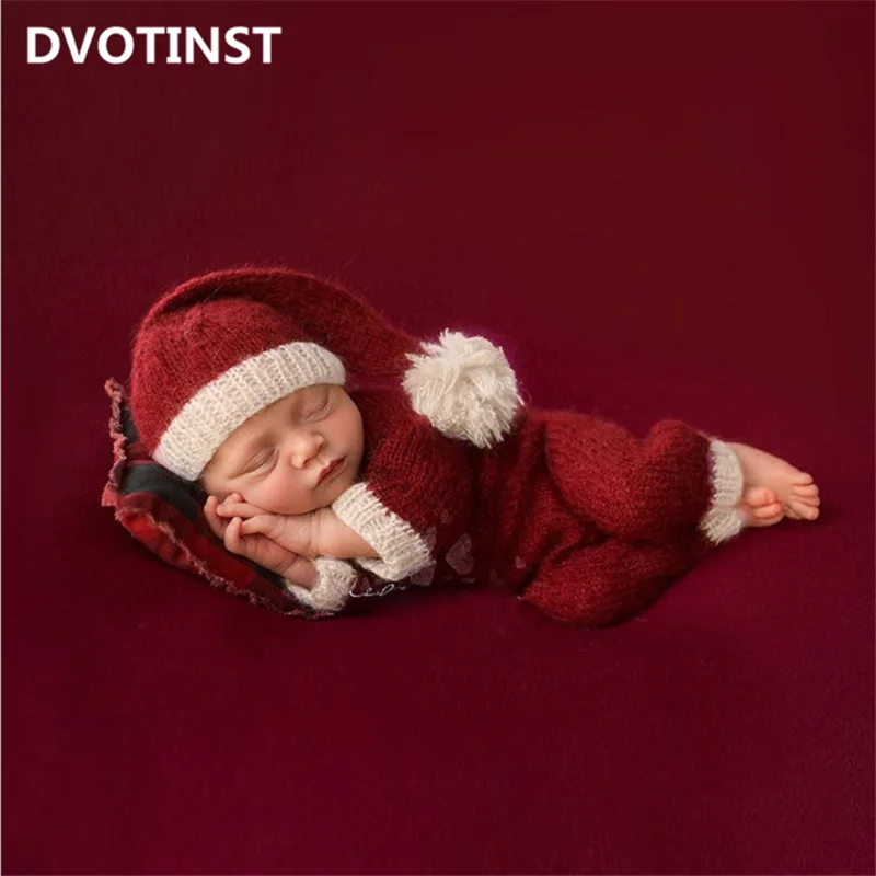 Dvotinst Newborn Baby Boys Photography Props Soft Knit Christmas Outfits Bonnet Santa Claus Clothes Fotografia Studio Photo Prop