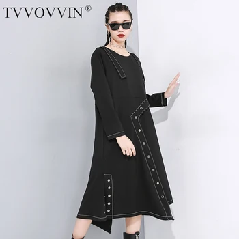 

black Women Black Button Split Asymmetrical Dress New Round Neck Long Sleeve Loose Fit Fashion Tide Spring Autumn 2020 1N488