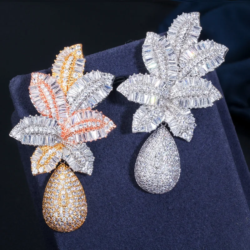 CWWZircons, 3 тона, золотые, Роскошные, с большим листом, Висячие, с микро кубическим цирконием, вымощенные, Naija, свадебные, вечерние серьги для женщин, CZ644