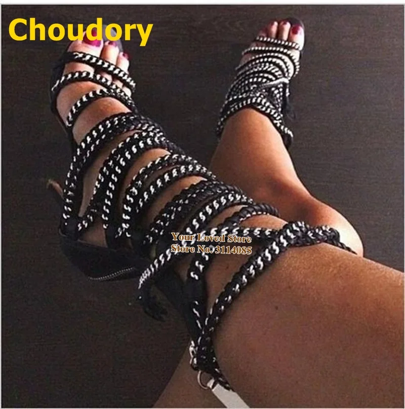 

Choudory Women Fastening Chain Lace-up Sandals Metal Embossed Strappy Caged Dress Shoes Gladiator Pumps Size44 Dropship