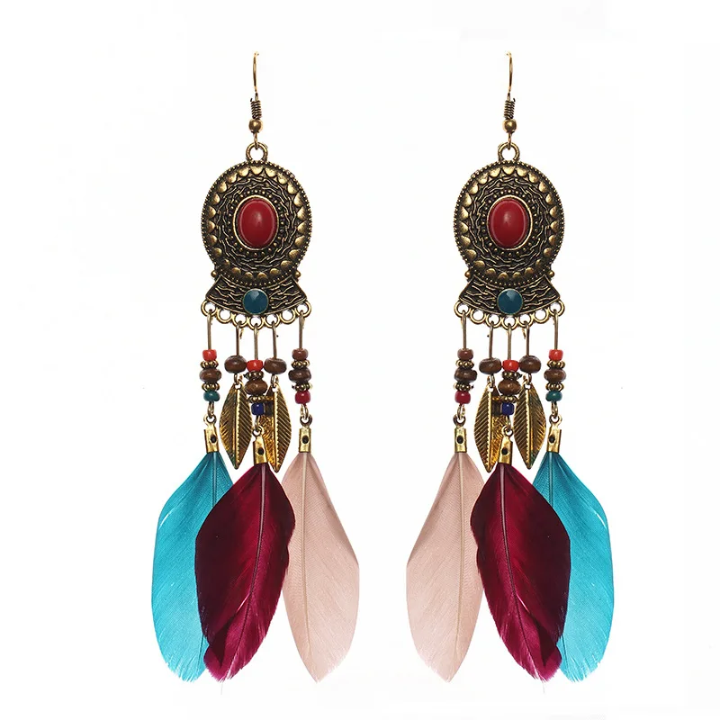 

Bohemian Feather Long Earrings For Women Vintage Ethnic Style Metal Carved Hand-beaded Leaf Tassels Dangle Earrings