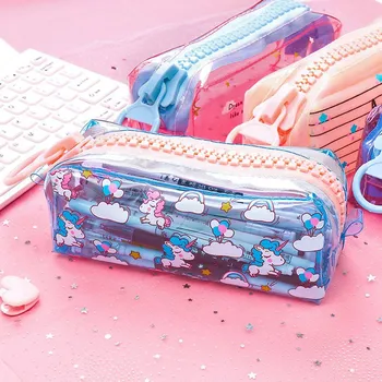 

High Capacity Transparent Unicorn Pencil Case Big Zipper Pencil Bag School Pen Box School Supplies Stationery Gift
