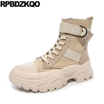 

lace up beige casual designer shoes women luxury 2019 ankle autumn creepers military flatform canvas combat suede muffin boots