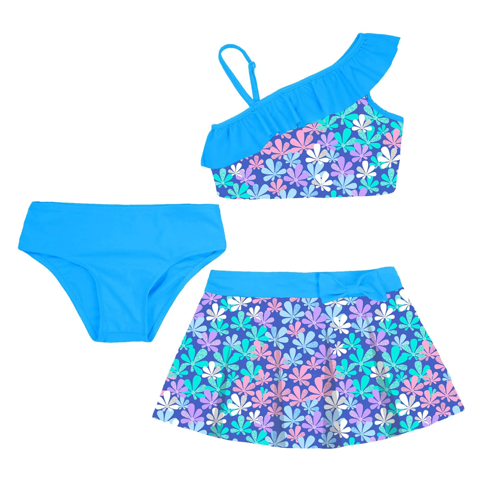 Girls Swimsuit 4-14 Years Tankini Set 3 Piece Floral Print Tank Vest Tops with Bikini Briefs and Skirts Summer