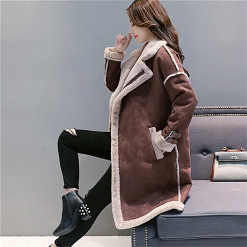2019 зимнее длинное пальто из искусственной кожи, Женская утолщенная теплая замшевая куртка, Женская Осенняя мода, пальто из овечьей шерсти