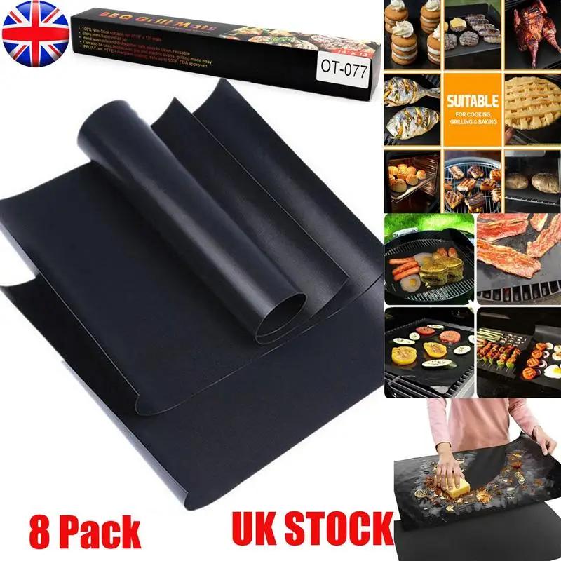 8pcs BBQ Oven Grill Mat Heat Resistant Non-Stick BBQ Grill Sheet Oven Pan Liners Baking Pad Mat