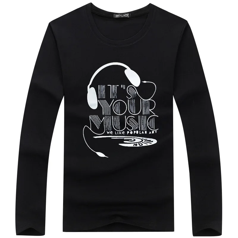 

New Style Autumn Base Shirt MEN'S Long-sleeved T-shirt Students Trend Teenager Autumn Clothing Tops-Lettered Earphones